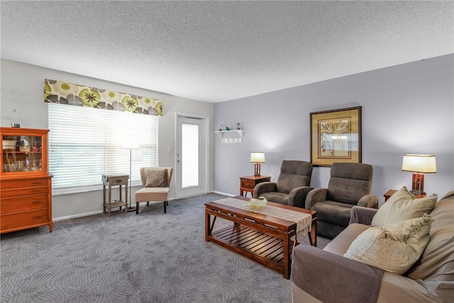 living room with carpet floors and a textured ceiling