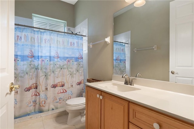 bathroom featuring tile patterned flooring, vanity, toilet, and a shower with curtain