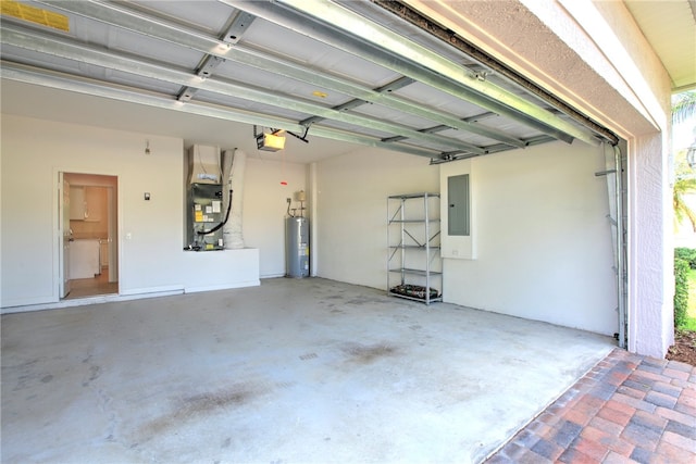 garage with electric water heater, heating unit, electric panel, and a garage door opener