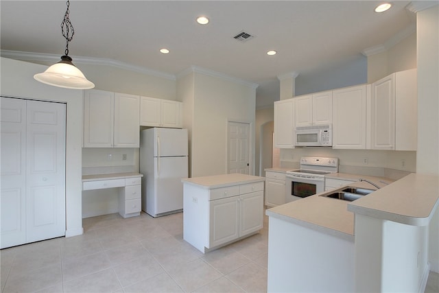 kitchen with a center island, hanging light fixtures, sink, white cabinetry, and white appliances