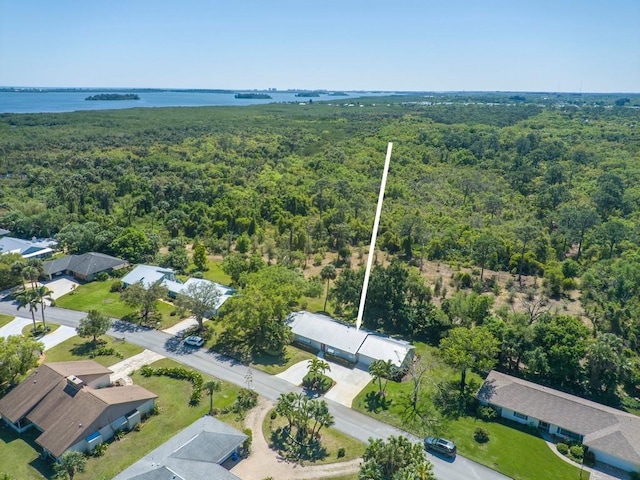drone / aerial view with a view of trees and a water view