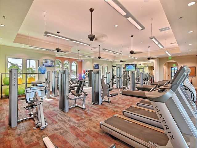 workout area with carpet flooring, ceiling fan, and a raised ceiling