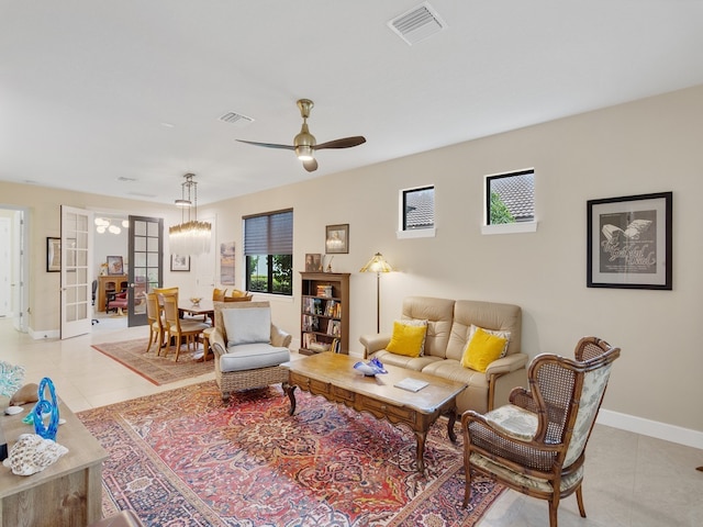 living room with ceiling fan