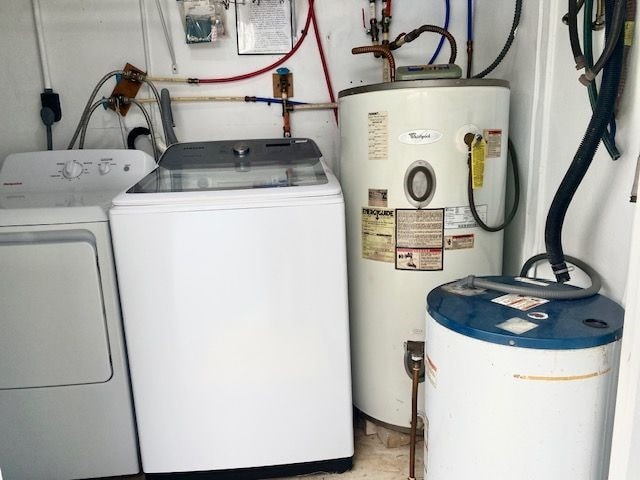 clothes washing area featuring washer / dryer and water heater