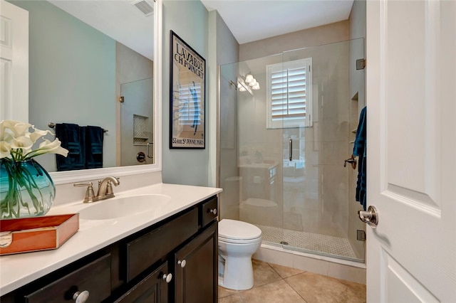 bathroom featuring tile patterned floors, vanity, toilet, and walk in shower