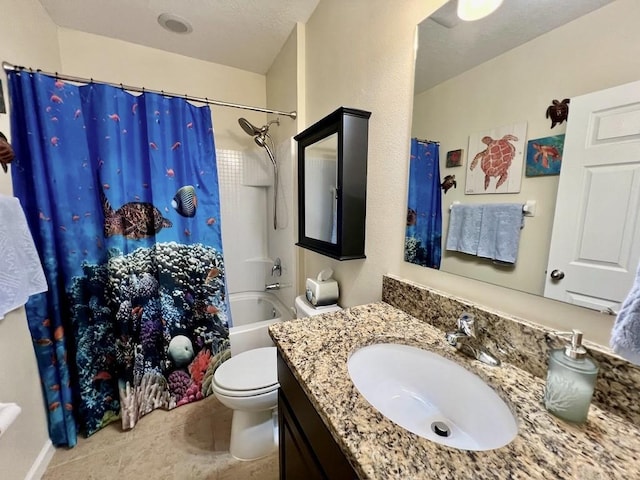 full bathroom featuring vanity, toilet, and shower / bathtub combination with curtain