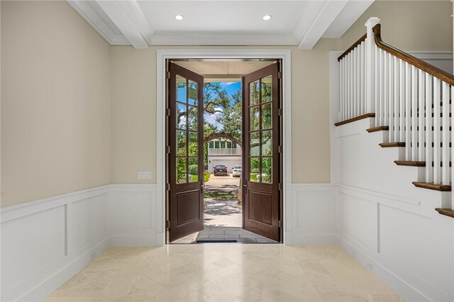 765 Azalea Ln, Vero Beach, FL 32963 - foyer with a decorative wall, recessed lighting, wainscoting, beamed ceiling, and stairway