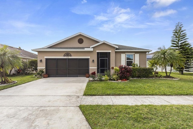 view of front of property with a garage, a front lawn, concrete driveway, and stucco siding