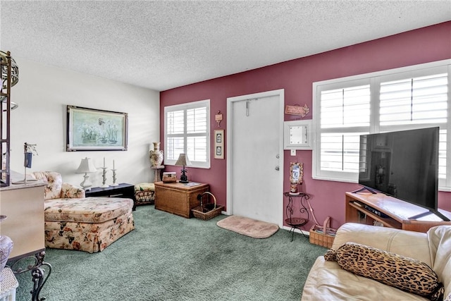 carpeted living room with a textured ceiling