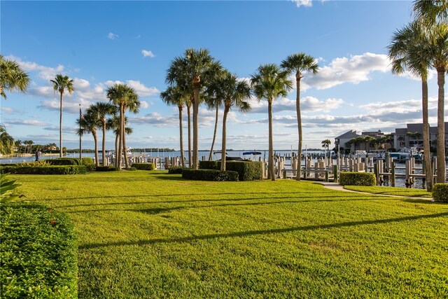 view of community with a lawn, a water view, and a boat dock