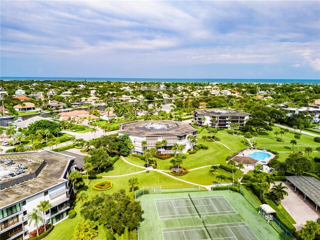 bird's eye view with a water view