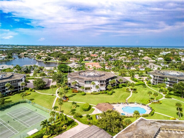 bird's eye view with a water view