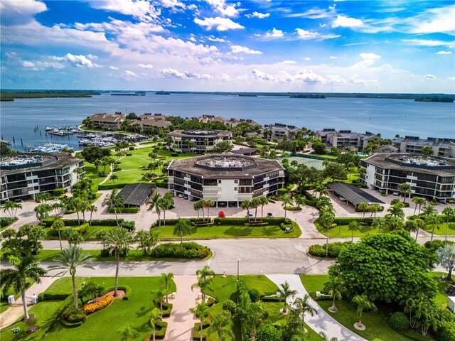 drone / aerial view featuring a water view