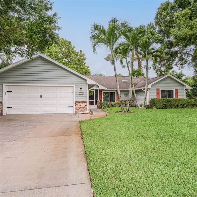 ranch-style house with a front yard and a garage