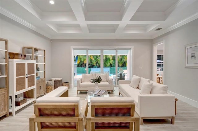 1618 W Sandpointe Pl, Vero Beach, FL 32963 - living area with coffered ceiling, beamed ceiling, light wood-style flooring, and ornamental molding