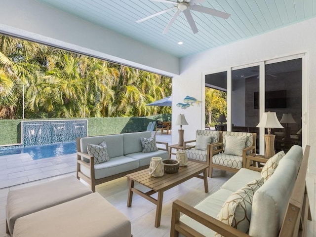 1618 W Sandpointe Pl, Vero Beach, FL 32963 - view of patio / terrace with a ceiling fan, an outdoor living space, and an outdoor pool
