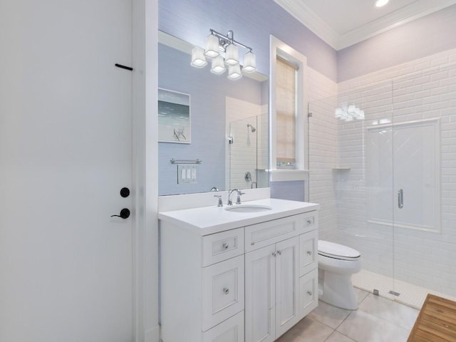 1618 W Sandpointe Pl, Vero Beach, FL 32963 - bathroom with ornamental molding, a shower stall, tile patterned flooring, and vanity