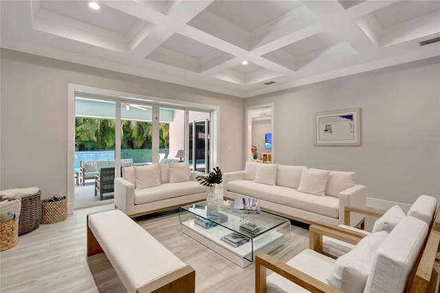 1618 W Sandpointe Pl, Vero Beach, FL 32963 - living room with beamed ceiling, light wood-style floors, and coffered ceiling