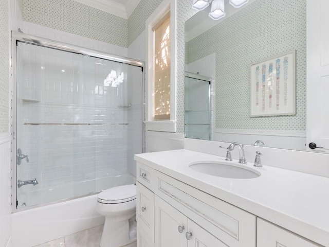 1618 W Sandpointe Pl, Vero Beach, FL 32963 - full bathroom with wallpapered walls, vanity, enclosed tub / shower combo, crown molding, and tile patterned flooring