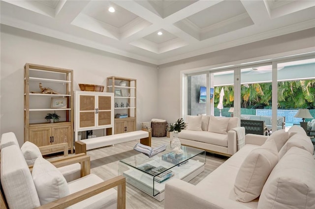 1618 W Sandpointe Pl, Vero Beach, FL 32963 - living area featuring coffered ceiling, light wood-style flooring, beam ceiling, recessed lighting, and ornamental molding