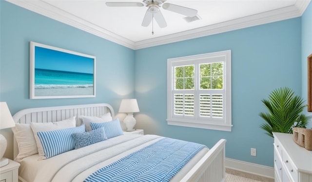 bedroom with light carpet, ceiling fan, and crown molding