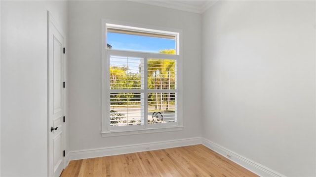 unfurnished room featuring light wood-type flooring and crown molding