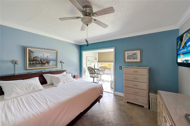 bedroom featuring ornamental molding, light tile patterned flooring, a textured ceiling, and ceiling fan