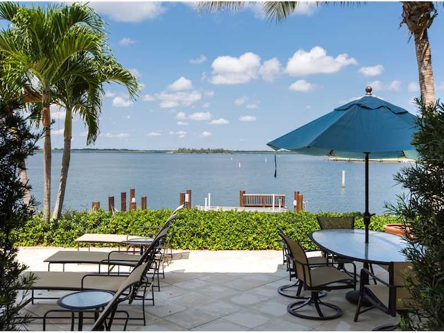 view of patio with a water view