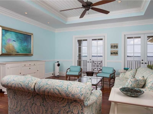 living room featuring a tray ceiling, dark wood-type flooring, and french doors