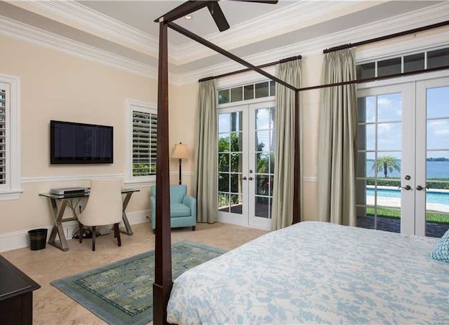 bedroom featuring crown molding, access to outside, and french doors