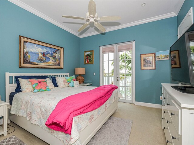 bedroom with access to exterior, light colored carpet, ceiling fan, and crown molding