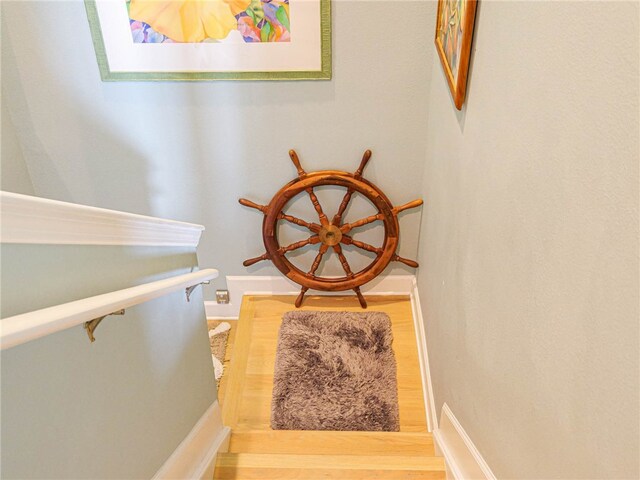 staircase with hardwood / wood-style flooring