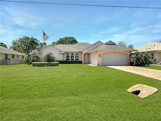 ranch-style house with a front lawn, driveway, an attached garage, and stucco siding