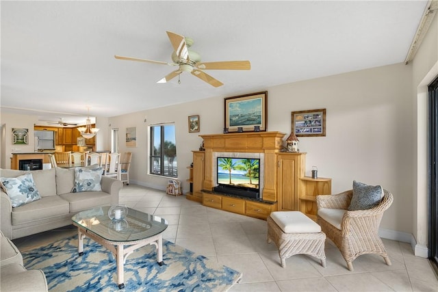 tiled living room featuring ceiling fan