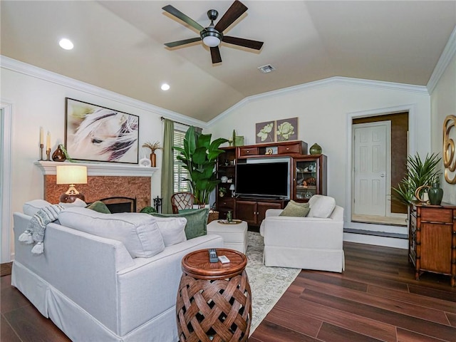 living area featuring visible vents, dark wood-style floors, a high end fireplace, and vaulted ceiling