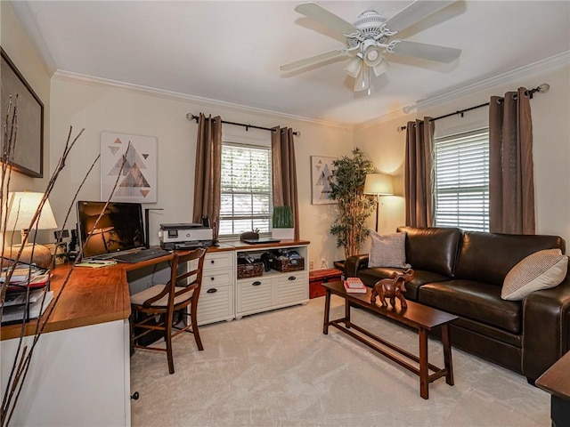 office with ceiling fan, light colored carpet, and ornamental molding