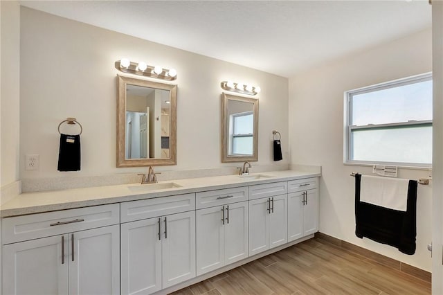 bathroom with vanity and wood-type flooring