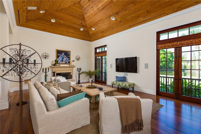 living room featuring french doors, ornamental molding, dark hardwood / wood-style flooring, high vaulted ceiling, and wood ceiling