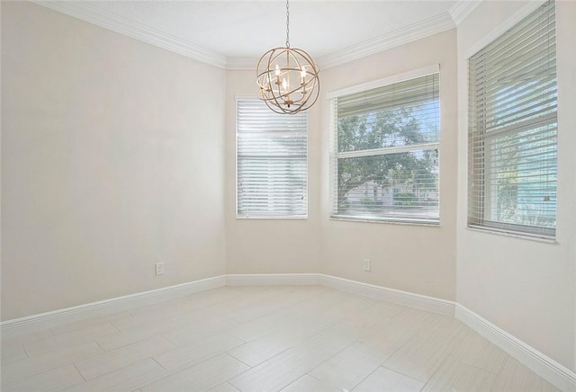 unfurnished room with ornamental molding and a chandelier