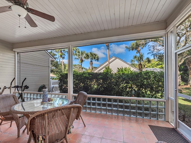 sunroom featuring wooden ceiling, ceiling fan, and plenty of natural light