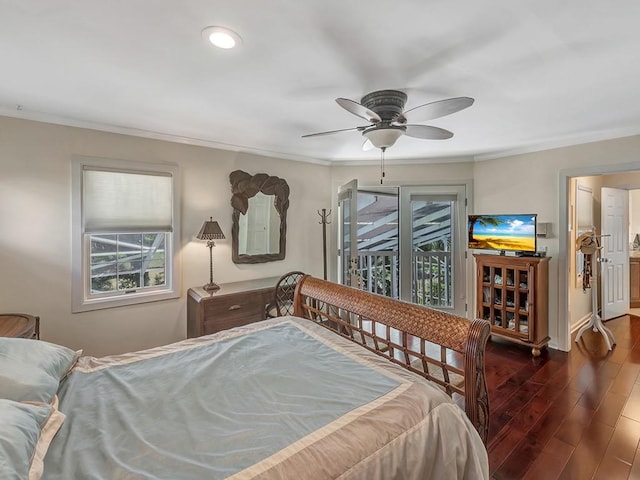 1516 50th Ct, Vero Beach, FL 32966 - bedroom featuring multiple windows, wood finished floors, ornamental molding, access to exterior, and a ceiling fan