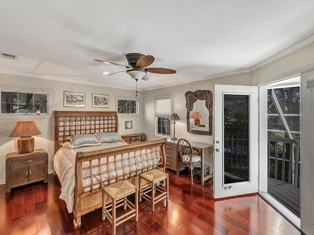 bedroom featuring ornamental molding, access to outside, dark wood-type flooring, and ceiling fan