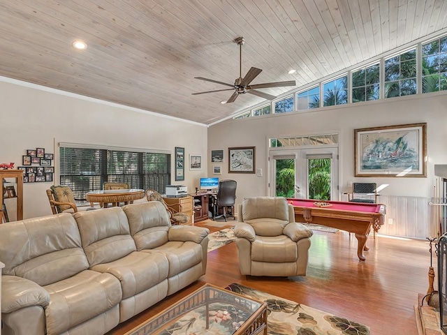 1516 50th Ct, Vero Beach, FL 32966 - living area featuring pool table, wood finished floors, plenty of natural light, ceiling fan, and wood ceiling