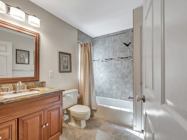 full bathroom with vanity, toilet, and shower / bathtub combination with curtain