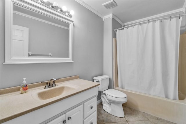 115 Larchmont Ter, Sebastian, FL 32958 - full bath with ornamental molding, vanity, tile patterned flooring, and shower / bath combination with curtain