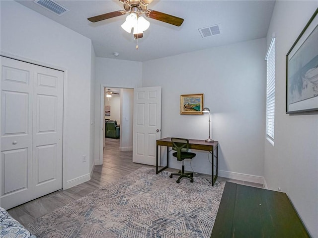 office area featuring ceiling fan and light hardwood / wood-style flooring