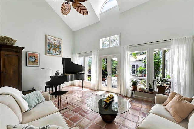 living room featuring high vaulted ceiling, french doors, and ceiling fan