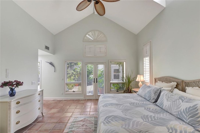 bedroom featuring high vaulted ceiling, access to outside, light tile patterned floors, ceiling fan, and french doors