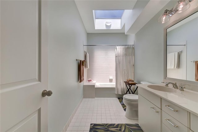 full bathroom with a skylight, tile patterned flooring, vanity, toilet, and shower / bathtub combination with curtain