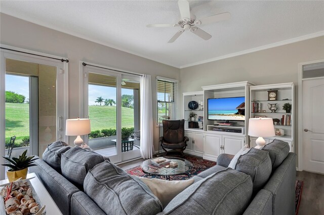 living room with hardwood / wood-style floors, ceiling fan, a textured ceiling, and crown molding